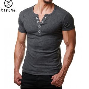 Henley T Erkekler 2020 Yaz Moda V Yaka Kısa Kollu Tee Gömlek Homme Casual Slim Fit Metal Düğme Tasarım Erkek Tişörtler XXL MX200611