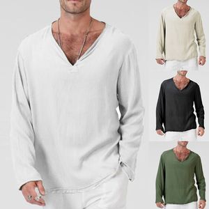 E-Baihui 2021 Europeu American Mens Branco Camisetas Nova Cor Sólida T-shirt de Algodão de Verão e Linho Masculino Casual T-shirt Casual Manga Longa Top Solto DFT9