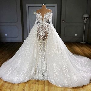 Luxury Illusion Overskirts Wedding Dresses Full Sleeves Sexy See Through Pearls Appliques Bridal Gowns Sheer Neck vestido de novia240l