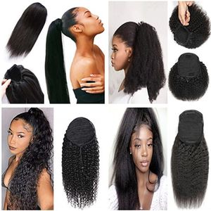 İpli İnsan Saç At Kuyruğu 10A Doğal Siyah Afro Kinky Kıvırcık Uzatma Kadınlar için 100% Bakire Brezilyalı Saç Klip Düz
