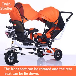 Twin Baby Stroller Duplo Assento Criança Triciclo Crianças Bicicleta Rotativa Assento Três Roda Carrinho de Carrinho de Carrinho Protable