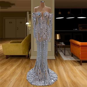 Handmade Beaded Off Shoulder Evening Dress with Pearls and Crystals for Saudi Arabia Party, Prom, and Evening Wear