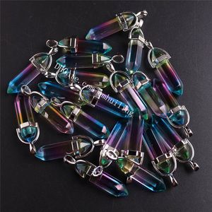 200 adet Cam Altıgen Noktası Kolye Boncuk Gökkuşağı Titanyum Kaplamalı Cam Bullet Sticks Spike Charms Lots Şifa Reiki Takı Yapımı için