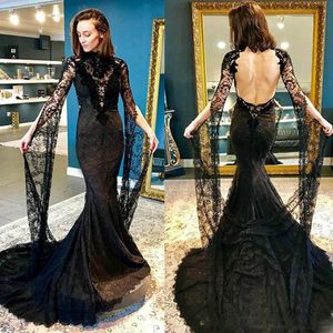 2021 Siyah Dantel Mermaid Gelinlik Modelleri Vintage Uzun Kollu Seksi Yüksek Boyun Backless Hollywood'un Masquerade Elbise Örgün Akşam Önlük