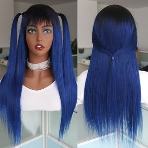 Натуральный парик волос окрашенный 1b голубые сырые индийские ремискими париками человеческих волос с челкой предварительно сорванный машиной сделали оммре без кружева