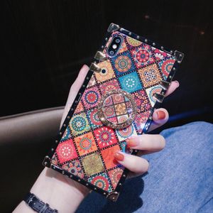 Mavi Ray Kare Kılıfları Için iPhone 11 Pro Max 12 13 Samsung S21 S22 Silikon Elmas Rhinestone Yüzük ile Standı Tutucu Çiçek Perçin Kutusu Telefon Kılıfı Dreamcatchers