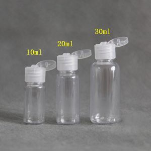 50 adet 5/10/20/30 ML Plastik PET Şeffaf Boş Şişe Seyahat Losyon Sıvı Şişeler Dağıtıcı Numune Beyaz / Temizle Cap T200819 çevirin