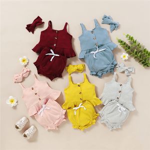 Yaz Bebek Giysileri Setleri 2022 Çocuk Kıyafetleri Bebek Ruffles Katı Askı Şort Bandı Toddler Kızlar Suits Tops