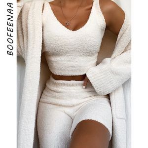 Boofeenaa повседневная флис вязаный свитер в двух частях лаундж набор уютных сексуальных V шеи урожая верхние шорты осень зимняя одежда женщины C97-EZ28 T200821
