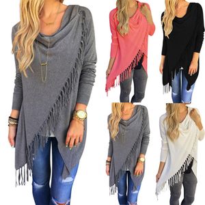 Wholesale-August 2016 Women Long Sleeve Knitted Cardigan Loose Casual Irregular Poncho Outwear Wrap Fringe New Style Tassel Sweater