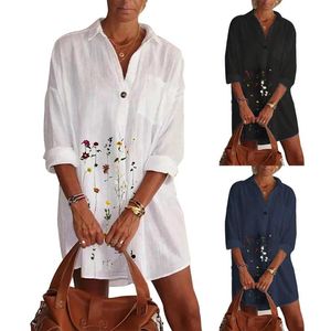 Abiti casual Donna Camicia con stampa floreale retrò Abito autunno Colletto rovesciato Bottone Elegante Mini festa da ufficio a maniche lunghe femminile