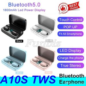 Красочные A10S TWS Bluetoolth наушники наушники с зарядки светодиодный дисплей в ухо Мини стерео музыки беспроводной Earbuds Спорт на открытом воздухе гарнитура
