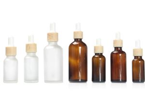 15ml 30ml 50ml Buzlu Amber Beyaz Cam Damlalı Şişe Plastik Ahşap Tahıl Kapağı 1oz Cam Bambu Esansiyel Yağ Botu Beyaz Cam Boğaz Şişeleri