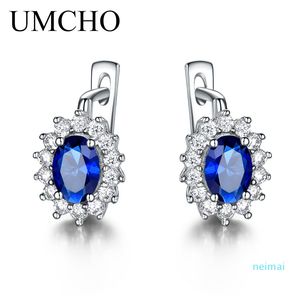 Hot Sale UMCHO Solid 925 Sterling Silver Gemstone Clip Earrings for Women Blue Sapphire Fine Jewelry Wedding Engagement Valentine's Gift