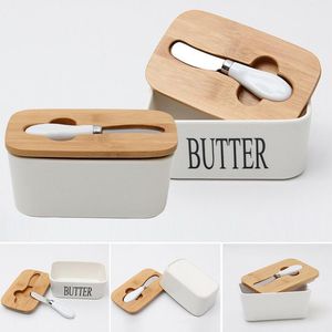 Butter Box Nordic Ceramic Контейнер для хранения Лоток Блюдо Сыр Food Инструмент Кухня Хранителем Вуд Обложка Уплотнительная пластина + нож
