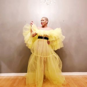 Illusion Açık Sarı Artı boyutu Gelinlik Off Omuz Robe Katmanlı Tül vestido de festa Ucuz Abiye See uçtan bir uca Parti Abiye