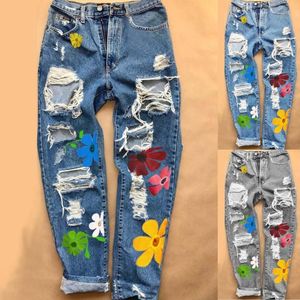 Frauen Jeans Frauen Hosen Mode Weibliche Blume Drucken Casual Loch Dame Volle Länge Hosen 2021