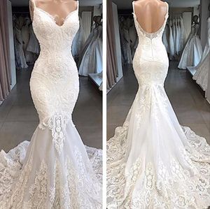 Elbiseler 2021 spagetti kayışları ile denizkızı dantel aplike sırtsız özel yapım tren düğün gelin elbisesi vestido de novia