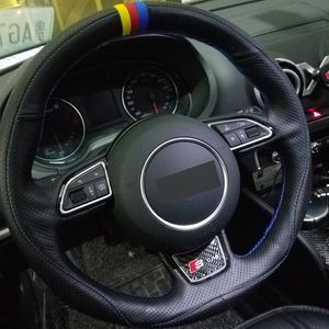 Черная натуральная кожа DIY ручного сшитого рулевое управление автомобилем крышка колесо для Audi A1 A3 A5 A7 бесплатной доставки