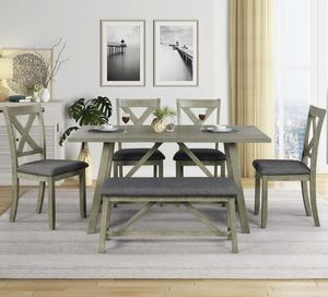 US STOCK 6-teiliges graues Esstisch-Set aus Holz, Esszimmer- und Stuhl-Küchentisch-Set mit Tischbank und 4 Stühlen im rustikalen Stil SH000109AAE