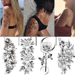 100 шт. Оптом прохладный черный цветок искусства тела водонепроницаемый временные татуировки женщины красота сексуальная роза дизайн флэш фальшивая татуировка наклейка T200908