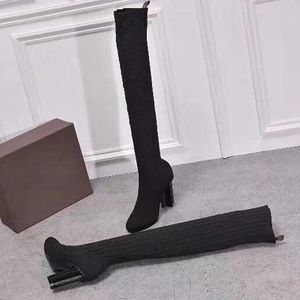 Sonbahar Kış Çorap Topuklu Topuk Uzun Çizmeler Moda Seksi Örme Elastik Çizme Tasarımcısı Alfabetik Kadın Ayakkabı Lady Mektubu Kalın Yüksek Topuklu Büyük Boy 36-42 US5-US11