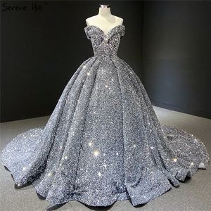 Grey Silver Sequined Wedding Dresses 2020 Dubai Sleeveess Sexy Luxury Bridal Gowns Serene Hill HM66742 Custom Made