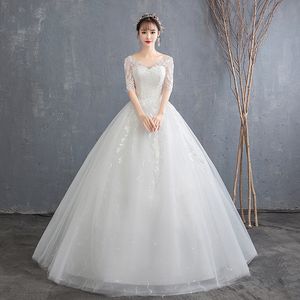 LAMYA Simple Lace Ball Gown Dress New Fashion V-neck Sexy Wedding Bride Mid Sleeves White Vestidos De Novia