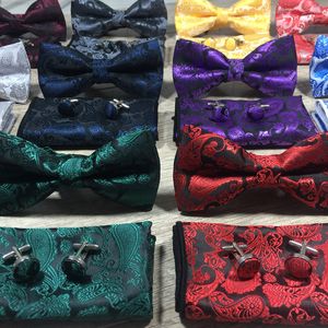 Шеиные галстуки Bowtie + Hanky ​​запонки наборы 100% шелковые жаккардовые тканые мужчины бабочка бабочка галстук карманный квадратный платок набор роскошный аксессуар