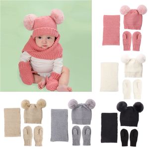 Mais recente Luvas Hat Cachecol 3pcs Set / set Beanie Cap Crianças Meninos Meninas Caps Falso Bola Pompon Mantenha inverno quente chapéu feito malha Mittens