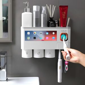 Suporte de escova de dentes invertido de adsorção magnética Suporte de pasta de dente automático Dispensador Rack de armazenamento Acessórios de banheiro