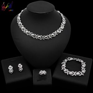 Orecchini Collana Yulaili Set di gioielli da sposa color argento Anello da sposa XO Bracciale per donna Elegante regalo per feste Costume di moda