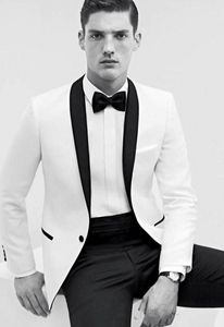 Resmi smokin beyaz ceket ile siyah yaka ince fit erkek takım elbise özel yapımı düğün smokin erkek balo plus artı boyutu (ceket+pantolon+bowtie)