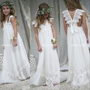 Yeni bohemia ucuz güzel beyaz fildişi çiçek kız elbise düğünler için v boyun dantel kapalı kollar kızlar yarışması elbise balo çocuk cemaat 403