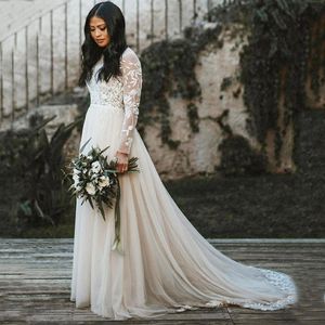 High Neck Modest Illusion Long Sleeve Romantic Floral Appliques A-Line Tulle Boho Beach Wedding Dresses 2020 vestidos de novia