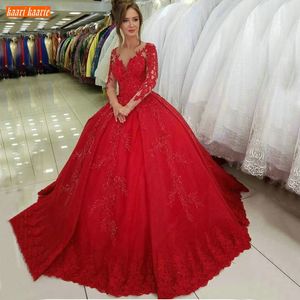 Fashion Red Ball Gown Wedding Dresses Long Sleeve V Neck Appliqued Lace Fluffy Bridal Dress Women Custom Made 2020 Wedding Gowns