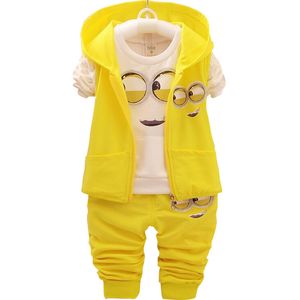 Комплекты одежды с миньонами для маленьких девочек и мальчиков, новый детский весенне-осенний хлопковый костюм с героями мультфильмов, жилет с капюшоном + футболка + штаны, комплект одежды