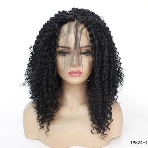 Siyah Renk Kinky Kıvırcık Sentetik LaceFront Peruk 14 ~ 26 inç Pelucas Yüksek Sıcaklık Fiber Dantel Ön Peruk 19824-1