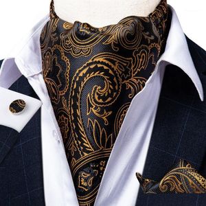 Bow Ties Cravat Ascot Boyun-Tie Scrunch Erkekler Vintage Düğün Resmi İpek Kendinden İngiliz Tarzı Asscot Gold Black Paisley Keşimi Dibangu1