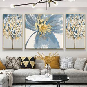 3 Paneller Mavi Altın Çiçek Yağlıboya Tuval üzerine Basılmış Modern Nordic Çiçek Resim Dekoratif Soyut Poster ve Baskılar Sanat