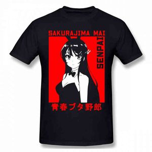 Mai Sakurajima Baskı Pamuk Komik T Shirt Rascal Bunny Kızı Hayal Etme Senpai Aobuta Anime Erkekler Moda Streetwear G1222