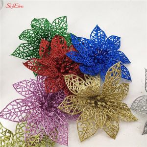 Decorações de Natal 10pcs por atacado de 15cm Simulação de plástico glitter flor oco Flores artificiais Flores artificiais Decorati do dia dos namorados