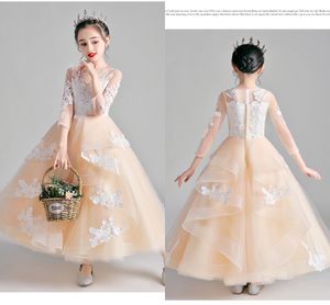 Şampanya Fildişi Dantel Çiçek Kız Elbise Uzun Kollu fırfır Şeffaf Yaka Fermuar Mini Örgün Elbise Modelleri Parti Kids ile Wedding