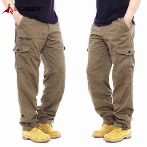 Askeri Kargo Pantolon Erkekler Rahat Pamuk Çok Cepler Gevşek Baggy Taktik Pantolon Streetwear Ordu Düz Uzun Pantolon Slacks H1223
