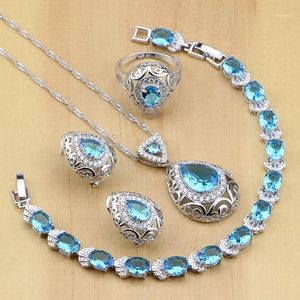 Conjuntos de jóias de casamento 925 Prata esterlina Brown Blue Cubic Zirconia Decorações para mulheres Brinco / Pingente / Colar / Anel / Pulseira1