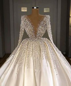 2021 Elegant White Satin A-Line Wedding Dress, Long Sleeve Beaded Crystal Bridal Gown in Turkish Style