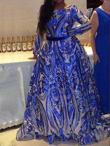 Işıltılı mavi payetli dantel uzun balo elbiseleri tam kollu 2023 seksi açık dubai arapça kadınlar gece elbisesi artı boyutu resmi parti elbiseleri