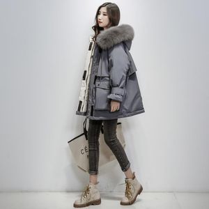 Damen-Daunenparkas 2021 Winter-Frauen-koreanische warme Baumwolljacke großer Pelzkragen mit Kapuze gepolsterte Mäntel elastische Taille solide mittellang A125