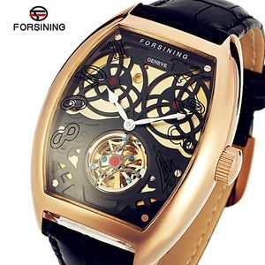 Forsining Mens Geneve move auto relógio mecânico de couro genuíno cinta esqueleto tonneau discar wristwatch impermeável