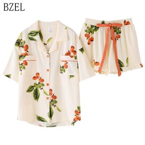 Bzel Floral Sleepwear Mulheres Pijama Conjuntos Novo algodão Pijama com bolsos pijama femme qualidade senhoras casa terno roupas para casa y200708